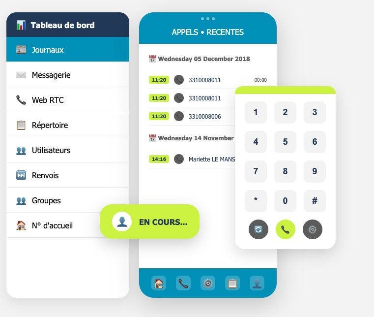 Interface Diamy avec appels récents et tableau de bord